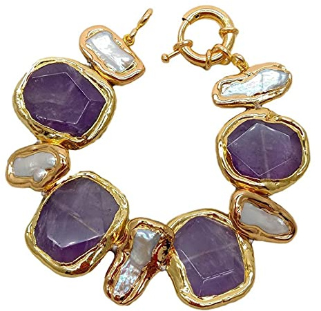 ZHSHYS Bracelet Natural Faceted Rectangle Amethyst White Biwa Pearl Chunk Gold Strand Handmade For Women