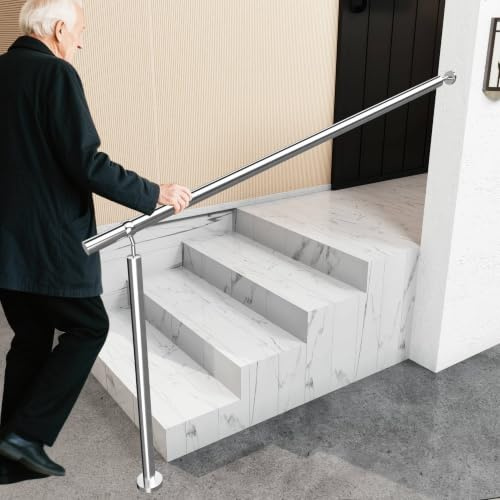 Silver Round Tube Handrail Wall & Floor Mount Garden Steps L150×H95cm