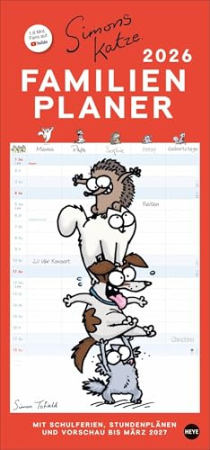 Simons Katze Familienplaner 2026: Familienkalender mit 5 Spalten. Humorvoll illustrierter Familien-Wandkalender mit Schulferien und Stundenplänen. (Familienplaner Heye)