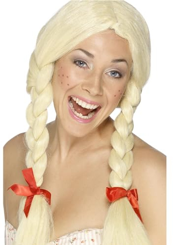 Smiffys Schulmädchen/Holländerin Perücke, blond, geflochtene Zöpfe mit Bändern Halloween