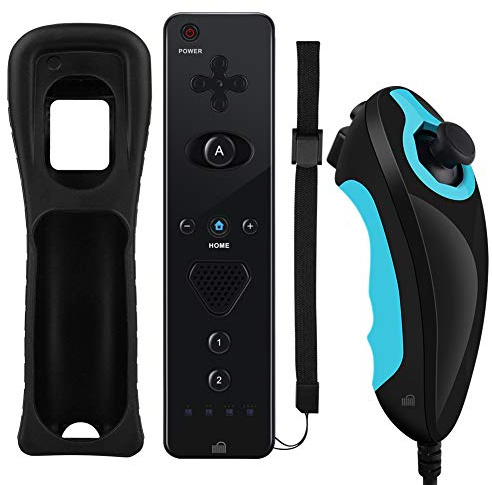 ameego Unique design Wireless Remote Controller & Nunchuck Controller with Silicon Case and Wrist Strap for Nintendo Wii & Wii U & Mini Wii (Design-A Black)
