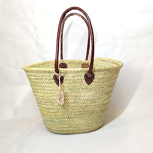 Moroccan Handmade Hay Shoulder Market Shopping Basket Long Leather Handles