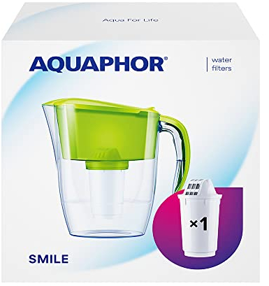 AQUAPHOR Jarra Filtrante Smile - 2,9L, Ideal para Puertas de Frigorífico, Ligera y Compacta, Incluye Filtro A5 de 350L con Magnesio, Reduce Cal, Cloro y Microplásticos - Verde