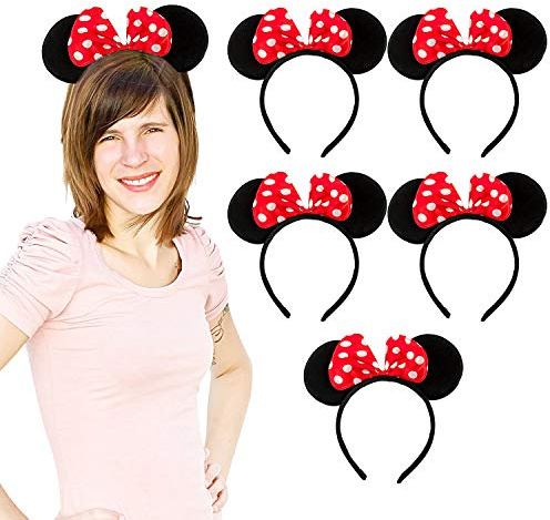 Oblique Unique® 6X Haarreifen mit Maus Ohren und Schleife Schwarz Rot Weiß Gepunktet Mouse Haarreif für Fasching Karneval Kostüm Motto Party