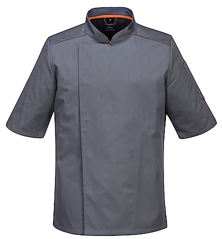 Portwest C738 Men's Mesh Air Pro Chef Jacket Short Sleeve Breathable Durable Slim Fit Texpel Finish Workwear Apron with Sleeve Pocket Machine Washable, Slate Grey, XL