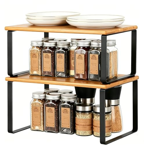 UOMIO Lot de 2 Étagères à Épices Empilable et Extensible, Étagères de Cuisine en Métal et Bambou, Étagères de Stockage pour Cuisine et Buanderie - Noir