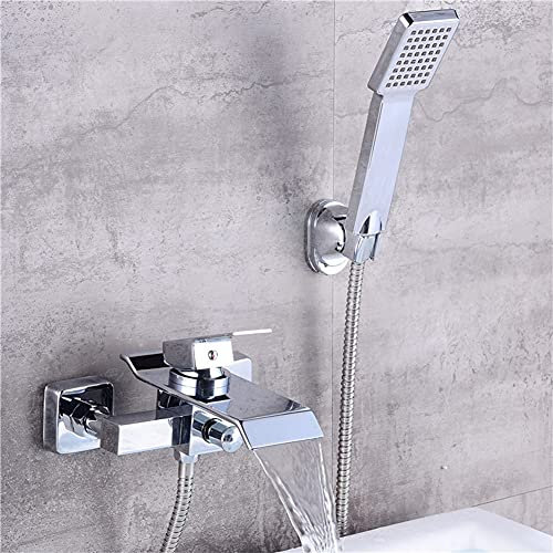 Gx Grifo Bañera Cascada con Alcachofa De Mano Mezclador De Bañera Cromado De Latón Monomando Montaje En Pared, Incluye Soporte Y Manguera De 150 Cm, Grifo De Ducha