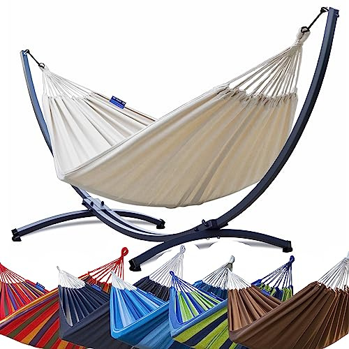 Potenza Outdoor Hängematte mit Gestell für 2 Personen I Baumwolle Doppelhängematte XXL 220x160, 200kg I Hängemattengestell 220kg, wetterfest (Ecru, Basic Gestell Graphit)