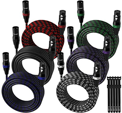 XLR Microphone Cable 4 Feet (6 Pack, Multi Colored), 3 Pin Shielded Balanced Male to Female Mic Patch Cord, Nylon Braided, Zinc Alloy Shells, OFC, for Amplifier, Speaker, Mixer with 10 Cable Ties