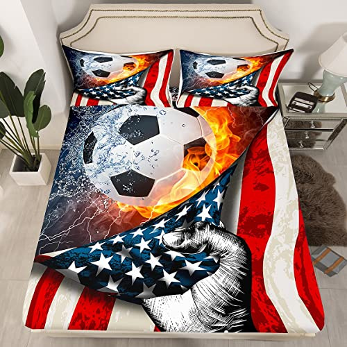 Loussies Set di biancheria da letto per ragazze, ragazzi e bambini, lenzuolo con angoli pallone da calcio, fiamma e bandiera americana, letto matrimoniale, 3 pezzi