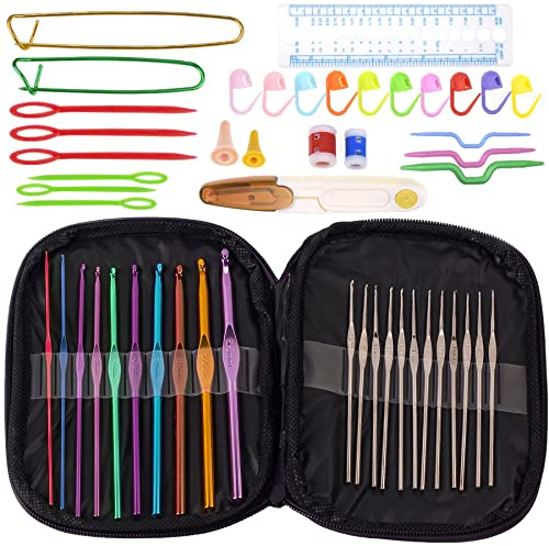 Retoo Häkelnadel Set, 22 Nadeln, 0,6–6,5 mm, Aluminium, Edelstahl, Tasche | Ergonomische Griffe, 10 farbige Nadeln, 12 silberne Nadeln, Maschenmarkierer, Maschenzähler, Maßband, Tragetasche