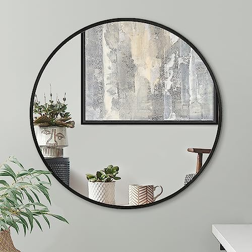 Americanflat 81 cm Gerahmter Schwarzer Runder Spiegel - Schwarzer Kreis Spiegel für Badezimmer, Schlafzimmer, Eingangsbereich, Wohnzimmer - Großer Runder Spiegel für Wanddekoration