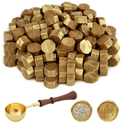ASTARON 100 Stück Siegelwachs Gold, Siegelwachs Perlen mit 1 Wachsschmelzlöffel, achteckiges Wachssiegel-Set für Stempel, für Einladungen, Karten, Umschläge, Weinpakete, Geschenkverpackungen