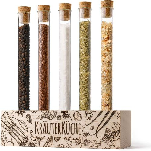 Tuuters Holz Reagenzglashalter (Kräuterküche) Vase, Gewürzregal stehend | Mit 5 Reagenzgläser und Korken für Gewürze, Blumen, Trockenblumen Reagenzglas mit Halterung, hochwertig graviert als Geschenk