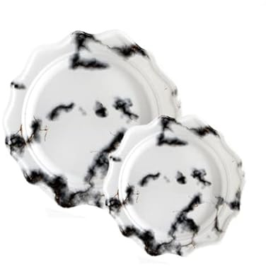 DECORLINE Lot de 48 Assiettes en Plastique Rigide et Réutilisable - 2 Tailles (24 Dîner 24cm et 24 Entrée/Dessert 19cm) - Assiettes élégantes Mariage, Noël en motif Marbre - Blanc