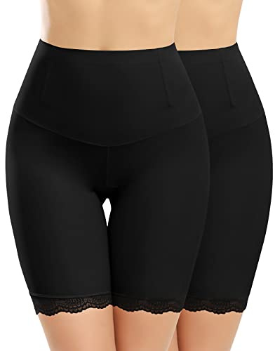 Xnova Damen Bauchweg Unterhose Miederpants Miederhose Shapewear, Anti-Chafing Spitzen Shorts Hipster Panty, Unter Rock Kurz Hose Blickdicht (2 Stück schwarz, M)