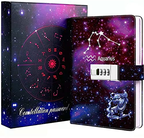 Dzhzal Diary with Lock, Starry Sky Journal for Boys Girls Women Lockable Leather Constellation Diary with Gifts Box, Personal Secret Locking Refillable A5 Notebooks 8.5 X 5.9