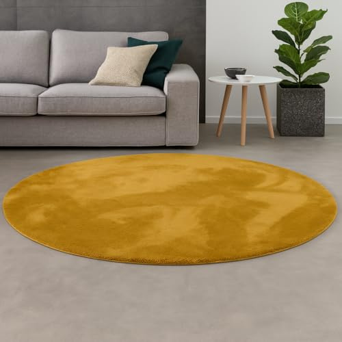Pergamon Kunstfaser Teppich Wohnzimmer Luxus Super Soft Fellteppich Pearl Curry Gelb Rund in 3 Größen