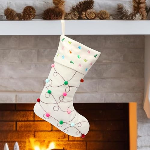Hopearl Pom Pom Julstrumpa Boho Style Strumpor Ultra Mjuka Strumpor Ornament Lyxiga Presentpåsar för Familjens Julgran Festtillbehör, Krämfärgad, 45 cm