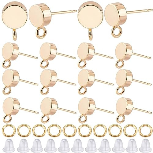 CREATCABIN 1 Box 20 Stück 18K Vergoldetes Messing Flache Runde Ohrringzubehör Ohrstecker Mit Vertikalen Schlaufen Ohrmuttern Für DIY-Schmuckherstellung, 0.4x0.3 Zoll