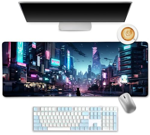 LIMKRIAN Cyberpunk - Alfombrilla de mouse de anime japonés, diseño de gato de anime japonés, tapete de mouse extendido para juegos de escritorio, computadora, laptop, oficina, trabajo, hogar, 31.5 x
