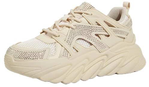 LUCKY STEP Women's Rhinestone Sneaker Chunky Fashion Platform Sparkly Walking Shoes(Beige Rhinestone,10 B(M) US)