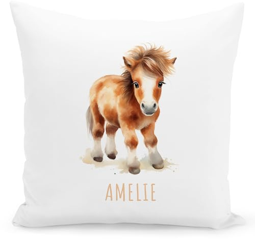 DEL MÀ Unique & Personal Pferde Kissen personalisiert mit Namen Kinderkissen Kuschelkissen Kinder Geschenk Kinderzimmer Deko Junge Mädchen Zierkissen Dekokissen 40x40 cm inkl. Füllung und Bezug