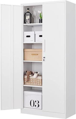 Fesbos Metall-Aufbewahrungsschrank, 180,3 cm hoch, Stahl-Aktenschränke mit abschließbaren Türen und verstellbaren Regalen, weißer Stahlschrank für Zuhause, Schule, Büro, Garage