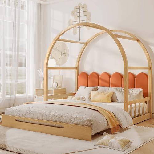Kinderbett, Hausbet 140x200cm mit Rausfallschutz und Lattenrost, Erweiterbares Gewölbtes Dachbett, Baumhausbett mit Dachdekoration, für Mädchen und Jungen, Bettrahmen aus Stabiler Kiefernholz, Natur