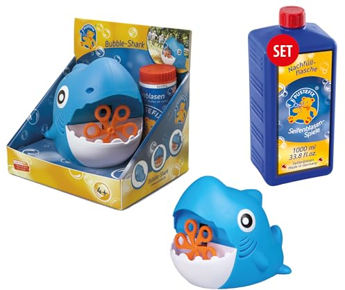 PUSTEFIX Seifenblasenmaschine Hai & 1L Nachfüllflasche I Lustiges Seifenblasen Kinder Set mit Seifenblasen Flüssigkeit I Besonders viele Bunte Bubbles
