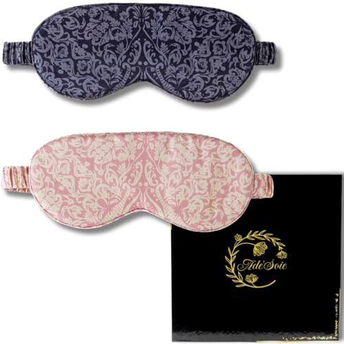 Geschenkset mit 2 Schlafmasken aus reiner Maulbeerseide, 22 Momme Grad 6A, Schlafmaske aus Bio-Seide, für Damen und Herren, Vintage-Druck, hypoallergen, erholsamer Schlaf für Erwachsene