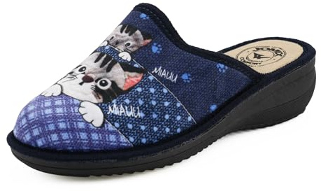 JOMIX Chaussons Maison Femme Seniors Orthopédique Antidérapantes Mule Sabot bout Fermé Semelle Compensée Légère Pantoufles Hiver Chauds et Confortables Motif Chat TD9206 Bleu 39