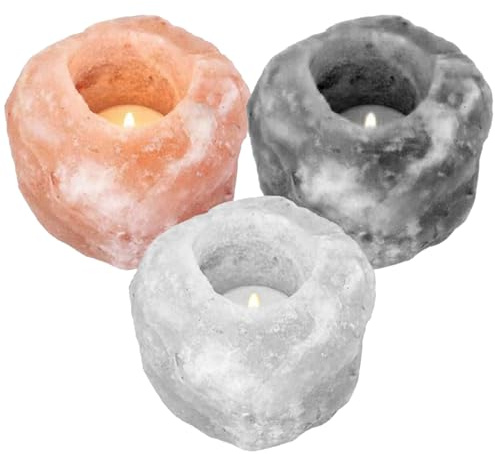 Vaster Moto Candelero del Himalaya, Lámpara de Sal para Luces de té, Candelabro de Roca de Cristal en Rosa, Gris y Blanco Natural (Pink+Grey+White, Paquete de 3)