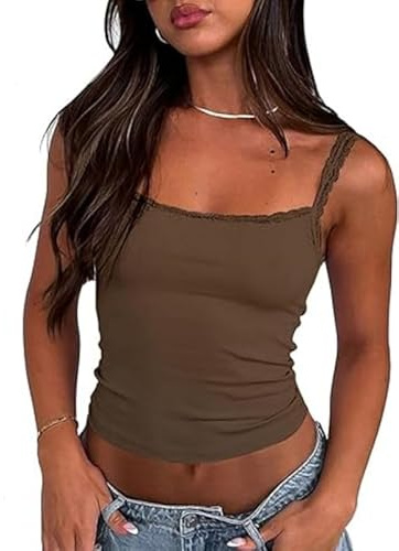 Haibang Camiseta Sin Mangas Mujer Verano Camisetas Tirantes con Encaje Patchwork Sexy Ajustado Crop Top Elegantes Suave Tank Tops Casual Básica Chalecos Top Lencero Moda Chic Y2K Streetwear