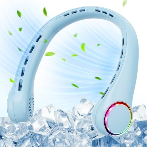 Ultralent Halsventilator,4000mAh Nackenventilator USB Mini Ventilator Hals,Neck Fan,leise,3 Geschwindigkeiten,LED-Licht,Tragbarer Ventilator Nacken für Outdoor,Innenräume,Camping,Reisen,Sport-Blau