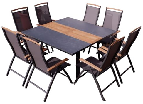 ALEOS. Gartengarnitur Gartenset Aluminium Teak Set mit quadratischem Ausziehtisch 150x110cm auf 150cm ausziehbar + 8 Hochlehner anthrazit Trinidad
