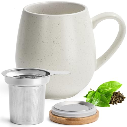 Happy Lemuro Teetasse mit Deckel und Sieb - 550 ml Teebecher mit Sieb - Keramik Teetasse Groß - XXL Teetassen - Tee Tasse mit Deckel - Tee Zubehör - Große Tasse mit Teesieb - Jumbotasse in Weiß