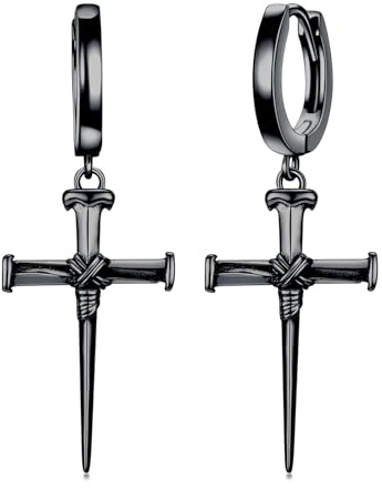 PROESS 925er Sterlingsilber Kreuz Creolen, Drei Nagel Kreuz Ohrringe, Schwarz, Christlicher Schmuck, Geschenke für Männer und Frauen