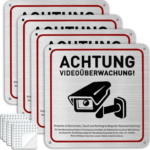 luckaide Schilder für Videoüberwachung, 4 Stück 150×150mm Videoüberwachung Schild Privatgrundstück, Achtung Videoüberwachung schild, Aufkleber Videoüberwachung, Kamera überwachung Schild Kameraüberwac