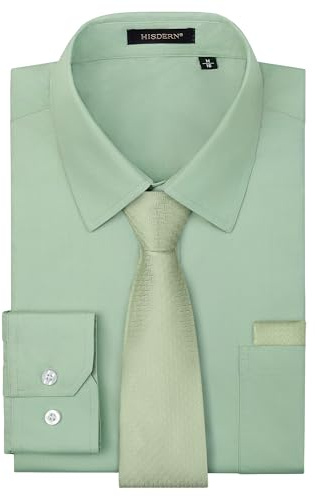 HISDERN Herren Hemd Salbei Grün Anzughemd Langarm Hemd mit Krawatte Set Formelle Business Hochzeit Herrenhemd Regular Fit 2XL
