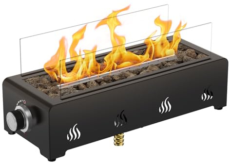 Onlyfire Foyer à gaz de table de 45,7 cm, chauffage de terrasse portable avec pierres de lave et pare-vent en verre pour terrasse, jardin, restaurant en plein air, montage par le bas