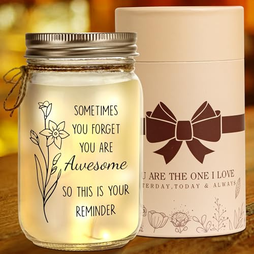 Kenon Mason Jar Night Light for Women, Mothers Day Gifts for Mom, Home Decoration Lights, Personalized Crystal Stickers Night Light Gift for Birthday, You are Awesome