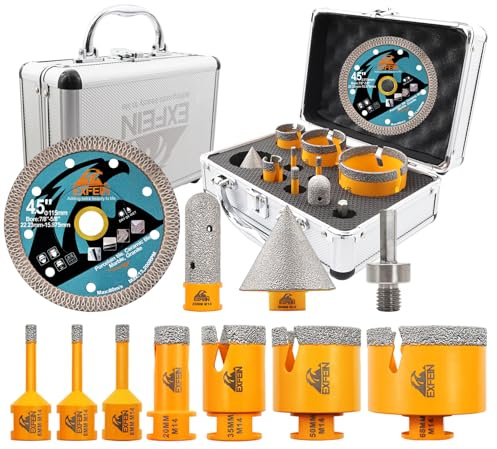 Diamant Fliesenbohrer Set 11 Stücke, EXFEIN M14 Diamant Lochsäge 6/6/8/20/35/50/68mm + 20mm Fingerfräser, 50mm Fasenfräser,115mm Diamantscheibe, Adapter für Fliesen Keramik Porzellan Marmor Granit