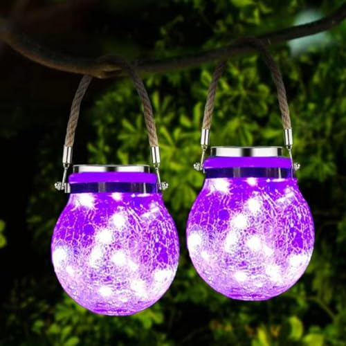 CUTEBAOO Solar Lights outdoor Garden, 2 Pack Garden Ornaments Garden Lights IP44 Waterproof Hanging Frosted Glass Solar Mason Jar Lights for Table, Yard, Garden, Patio, Lawns,Purple-2pcs