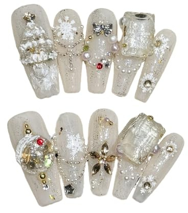 XAGMODSHN Lot de 10 faux ongles de Noël à coller avec motifs d'arbre de Noël - Flocon de neige - Pour femme