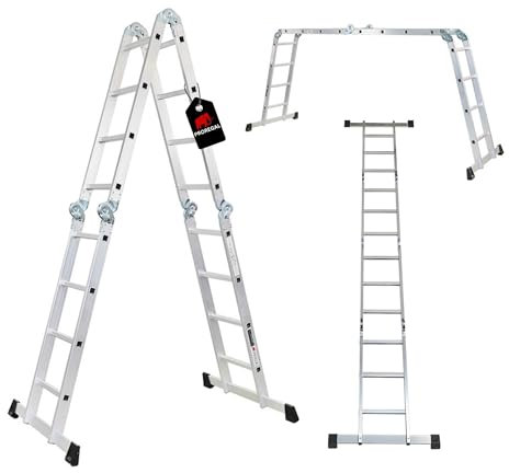PROREGAL Sprossen-Mehrzweckleiter MULTISTEP, Gerüstplattform 4-teilig Aluminium 4x4 Sprossen 4,6 m Höhe Traglast 150k g Arbeitsgerüst Stehleiter Anlegeleiter