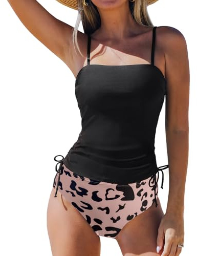SYKT Tankini för kvinnor, rynkad dragsko, hög midja, camisole tankini, badmode, tryck, tvådelad baddräkt, baddräkt