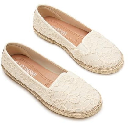 GLAMORA Alpargatas de Encaje con Suela de Esparto, Zapatos Planos Mujer Tipo Bailarinas Manoletinas Cómodas Slip On, Calzado Verano Ligero Transpirable Punta Redonda beige-39