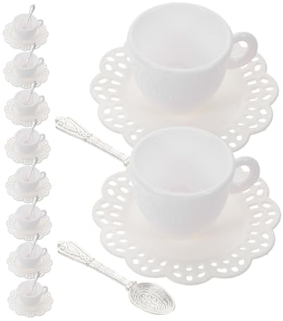 NAMOARLY Lot de 10 Mini Tasses À Café Réalistes en Plastique pour Maison De Poupée, Tasses À Thé Blanches avec Soucoupes Et Cuillères en, pour Enfants, Jouets De Maison De Poupée,