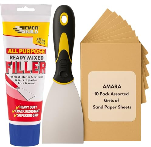 Wall Repair Bundle With All Purpose Filler 330g, 3 Inch Paint Scraper & 10 Pcs Sandpaper Sheets – Wall Filler Ready Mixed for Holes, White Wood Filler, Exterior Filler for Masonry, Ready Mixed Plaster